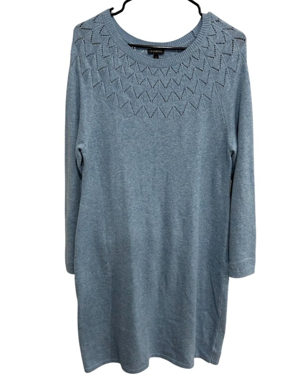 Talbots Large Light Blue Knit Sweater Dress Neckline Detail Preppy Old Money